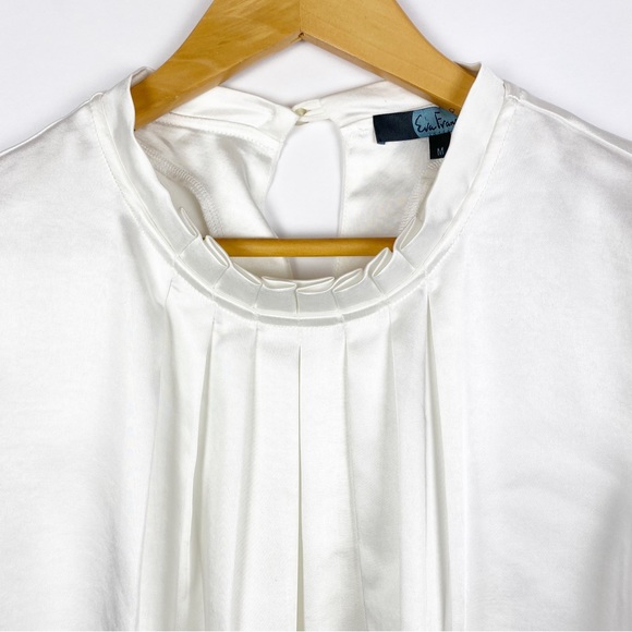 Eva Franco White Annik Satin Blouse Pleated Neckline High Neck Size Medium - Picture 6 of 13